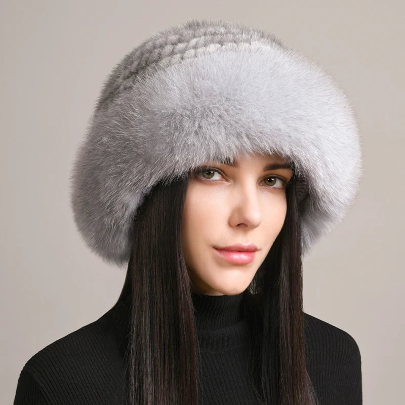 New Genuine Real Natural Knitted Mink Fur Hat Cap Real Fox Fur Beanies