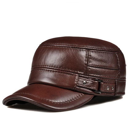 Winter Genuine Leather Cap Men's Flat Caps Military Hat