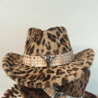 Leopard Print Rabbit Fur Western Cowboy Fedora Hat