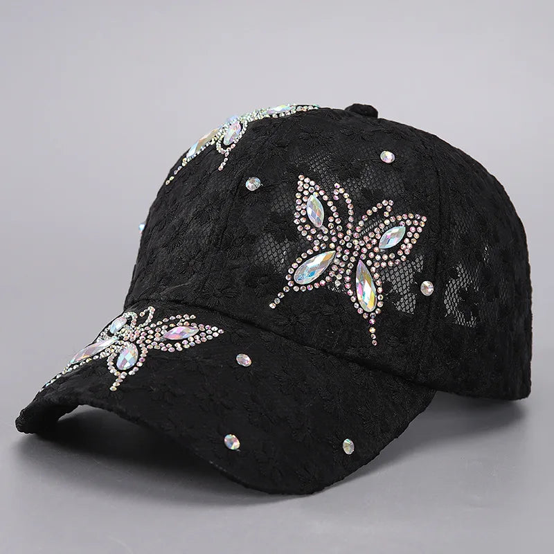 Summer Lace Flowers Baseball Caps For Women Butterfly Rhinestone