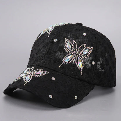 Summer Lace Flowers Baseball Caps For Women Butterfly Rhinestone