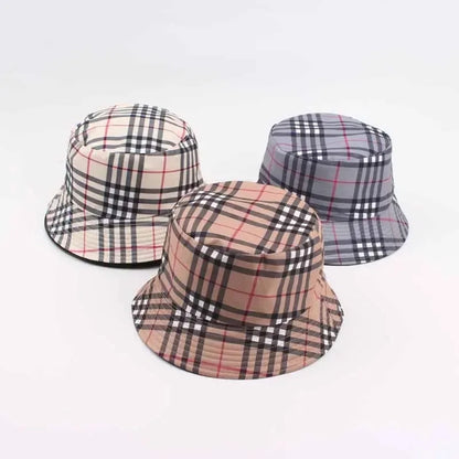 Casual Plaid Fishing Cap Spring Summer Bucket Hat Double-Sided