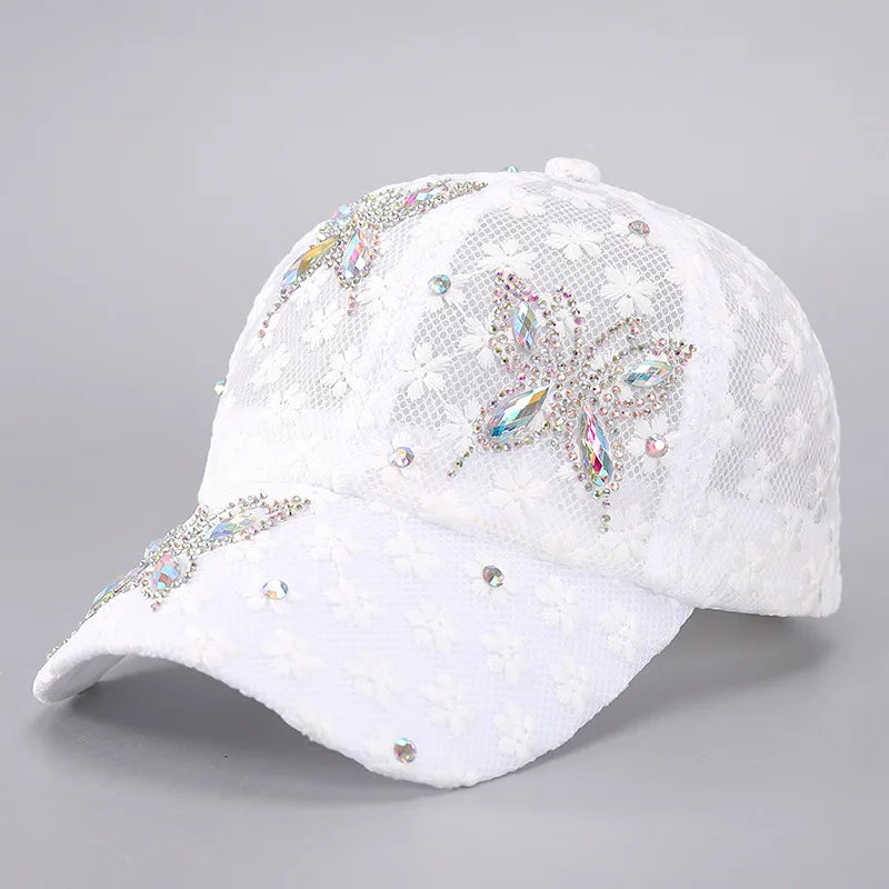 Summer Lace Flowers Baseball Caps For Women Butterfly Rhinestone