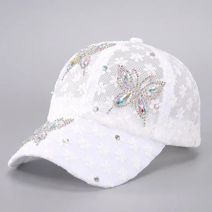 Summer Lace Flowers Baseball Caps For Women Butterfly Rhinestone