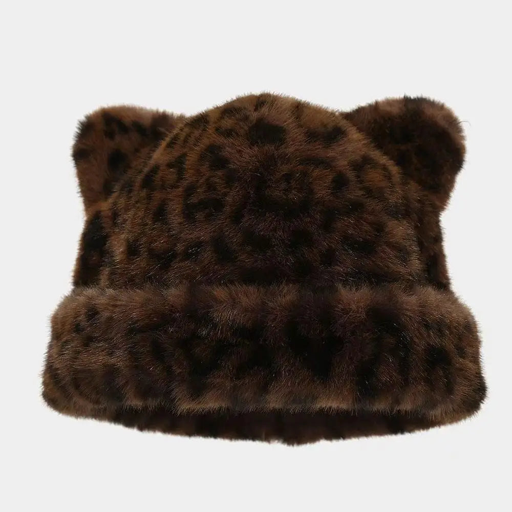 New Leopard Print Fur Hat Women Cute Teddy Bear Beanie Hat