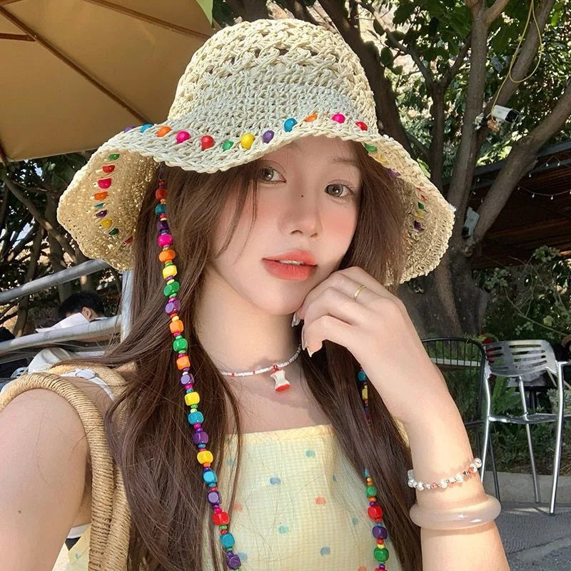 Women Crochet Straw Bucket Hat-Colorful Beaded Sun Hat