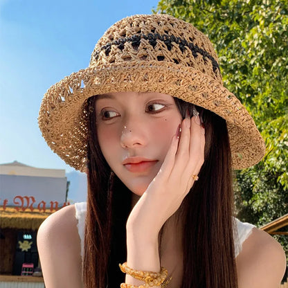 Striped Openwork Knitted Straw Hat Breathable Fisherman's Hat