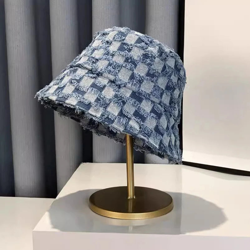 Hairy Checkered Denim Hat for Female Niche