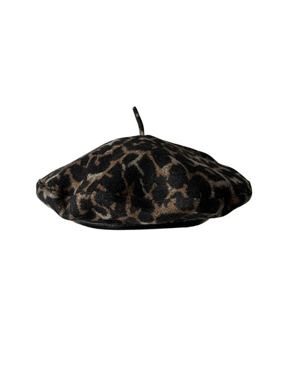 Women Leopard Print Beret Flying Saucer Hat Autumn Winter Warm Knit Artist Caps