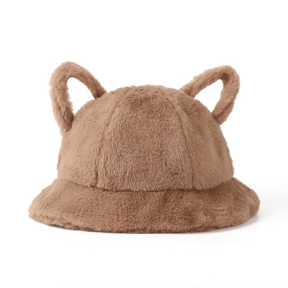 Women's Bucket Hat Winter Cute Cat Ear Plush Fisherman Cap