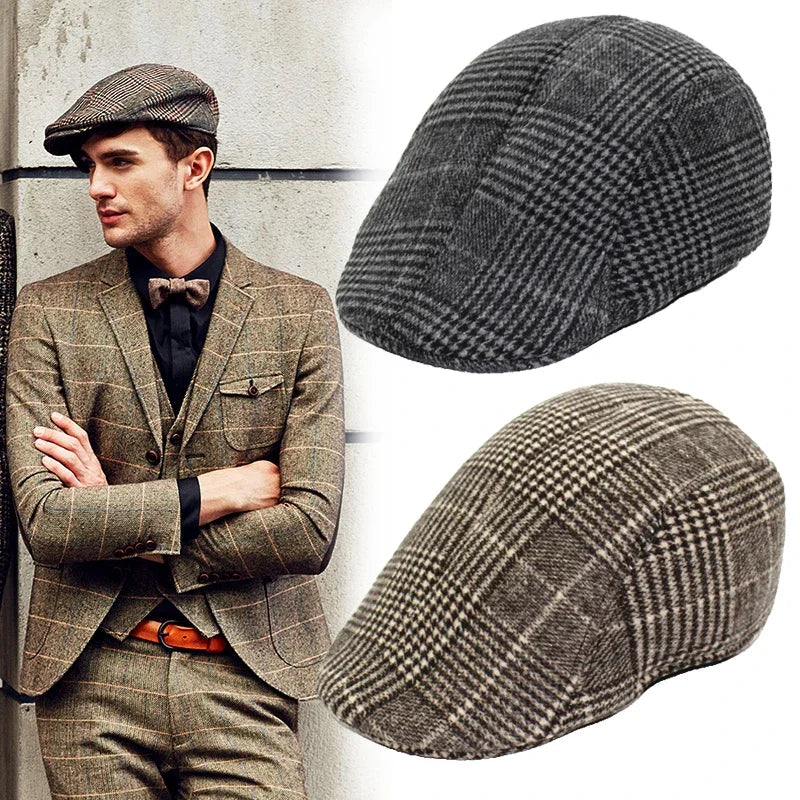 Men Plaid Check Printed Hat British Style Gentleman Waiter Cabbie Flat Cap