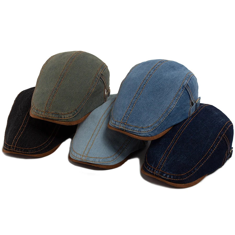 New Patchwork Brown Brim Denim Flat Hat Retro Men And Women