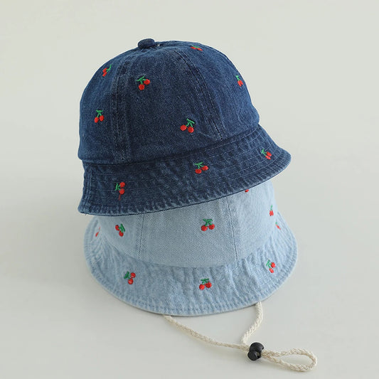 Cherry Embroided Jeans Fisherman Hat for Child 2-6Y Bucket Hat for Children Cotton Jeans