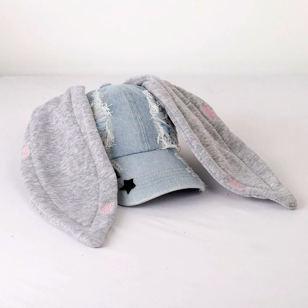 New MinJi Haerin Omg Stage Long Rabbit Ear Hat Y2k Style Denim Blue Baseball Cap