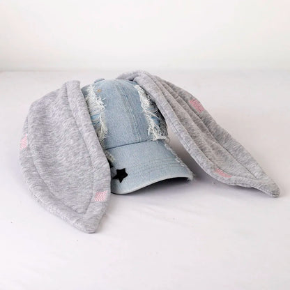 New MinJi Haerin Omg Stage Long Rabbit Ear Hat Y2k Style Denim Blue Baseball Cap