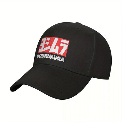 Yoshimura Motorcycle Racing Black Baseball Hat with Bold Red & White Logo, Perfect for Sports Fans