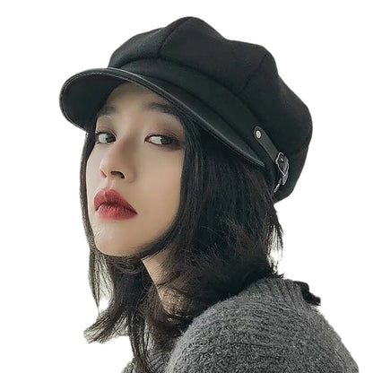 Winter Beret Newsboy Hat For Women Vintage Soft Woolen Octagonal Cap