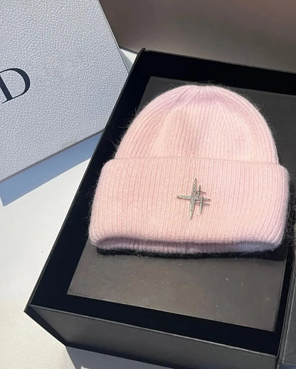 Women Luxury Rhinestone Logo Warm Wool Ear Hat
