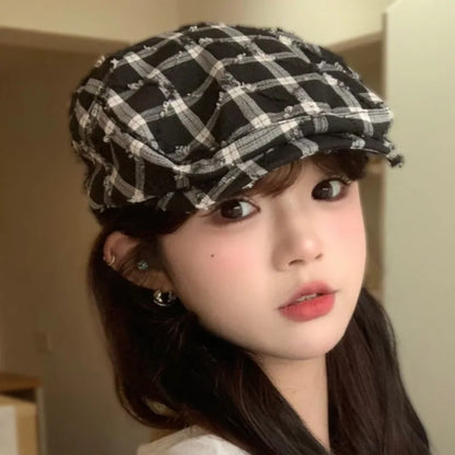 Korean Fashion Plaid Women's Berets Spring Autumn Octagonal Painter Cap