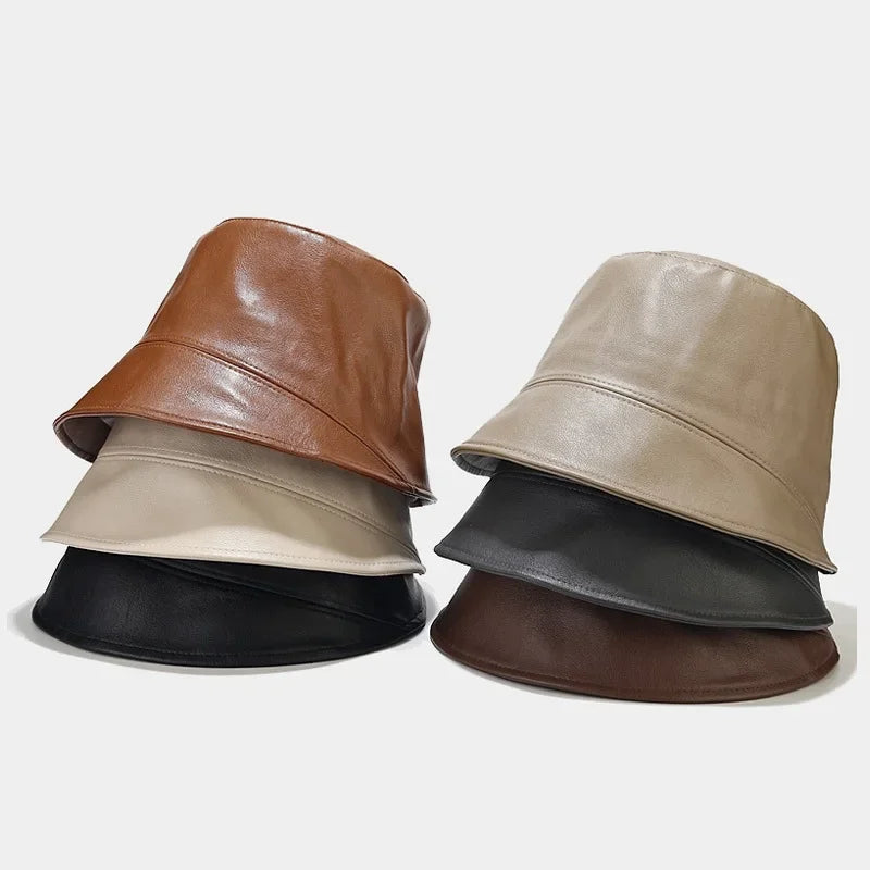Faux Leather Bucket Hat Women Reversible Pu And Cotton Sun Hat