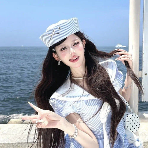 Y2K Niche Stripe Bow Sailor Hat