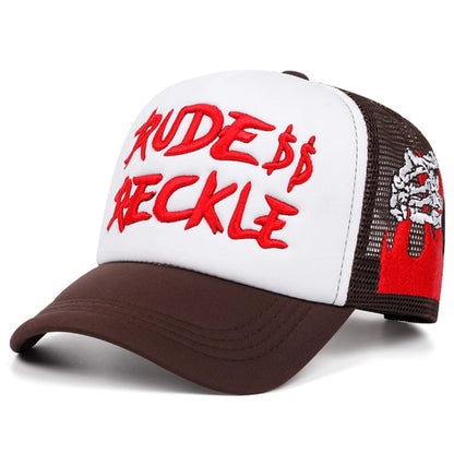 Cotton Mesh Hat Rud Hand Skull Embroidered Baseball Cap Men Trendy Retro Hip Hop Hat Women
