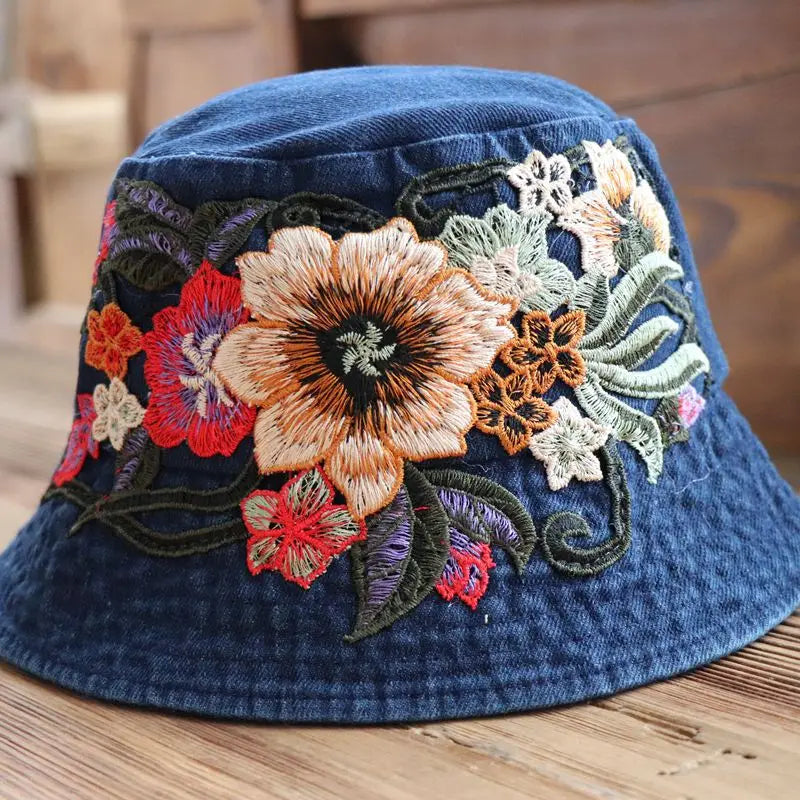 Ethnic Embroidered Denim Bucket Hat