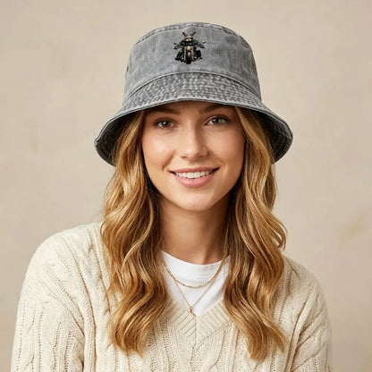 Motorcycle Riding Rabbit Bucket Hat Viscose Washed Fisherman Hat