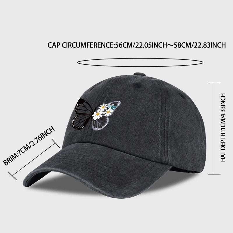 Butterfly and Daisy Print Washed Baseball Cap