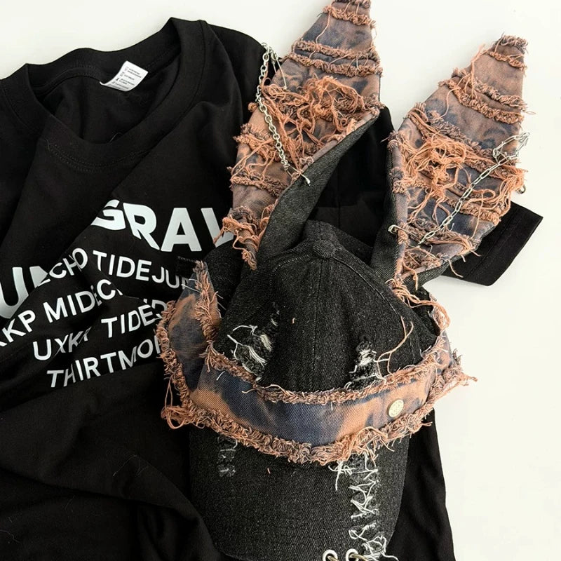 New Y2k Denim Fur-Edge Rabbit Ears Baseball Cap