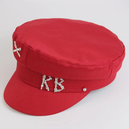 2025 Trendy Satin Letter RB Military Hats Crystal Flat Top Baker Boy Hat Visor