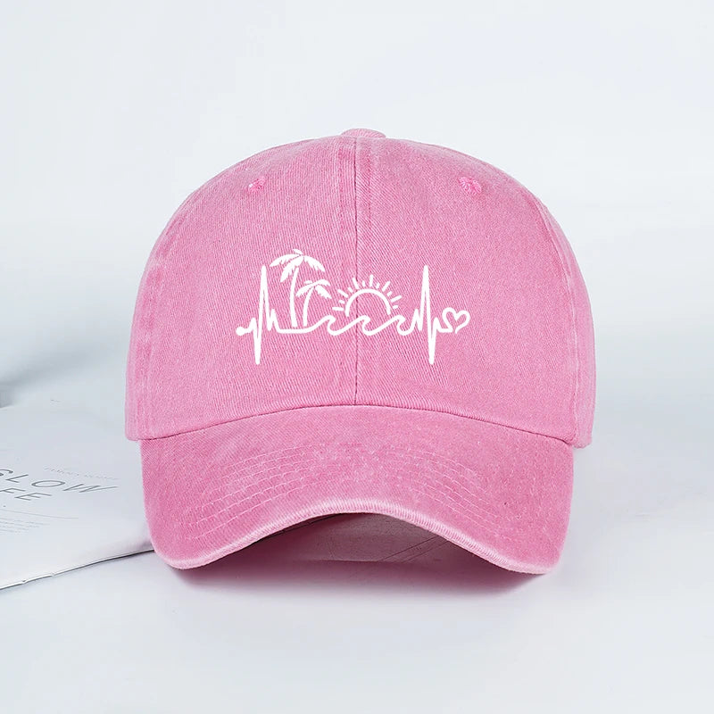 Vintage Washed Palm Tree Sunset Graphic Baseball Cap Adjustable Casual Hat For Daily Travel Beach