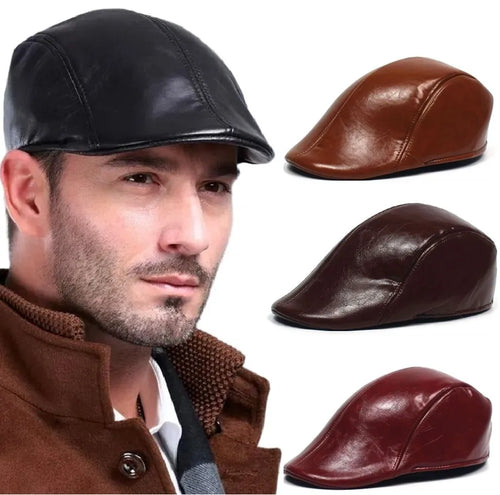 Fall Winter PU Men's Beret Hat Fashionable Casual Style Headwear