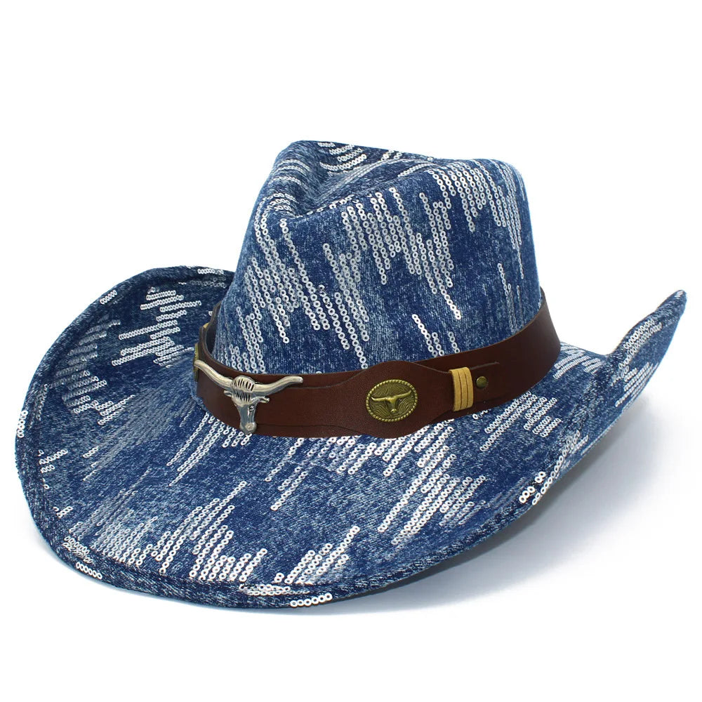 Western Blue Cowboy Hats Washed Denim Unisex Wide Curl Brim Jazz Hat