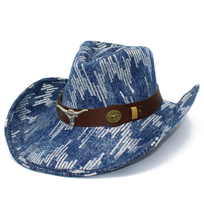 Western Blue Cowboy Hats Washed Denim Unisex Wide Curl Brim Jazz Hat
