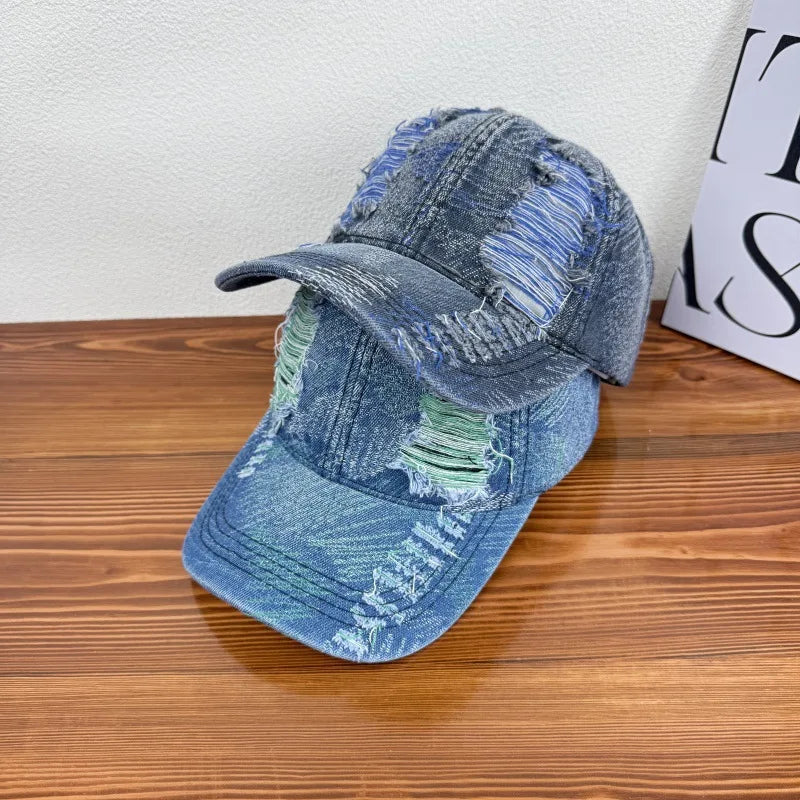 Soft Top Distressed Baseball Cap with Holes, Unisex Washed Vintage Sun Hat