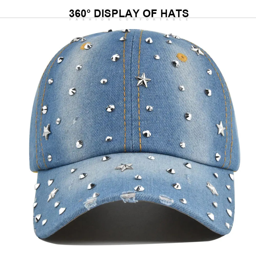 Denim Baseball Cap Women Washed Hat Vintage Rivet Star Sunshade Snapback Hats