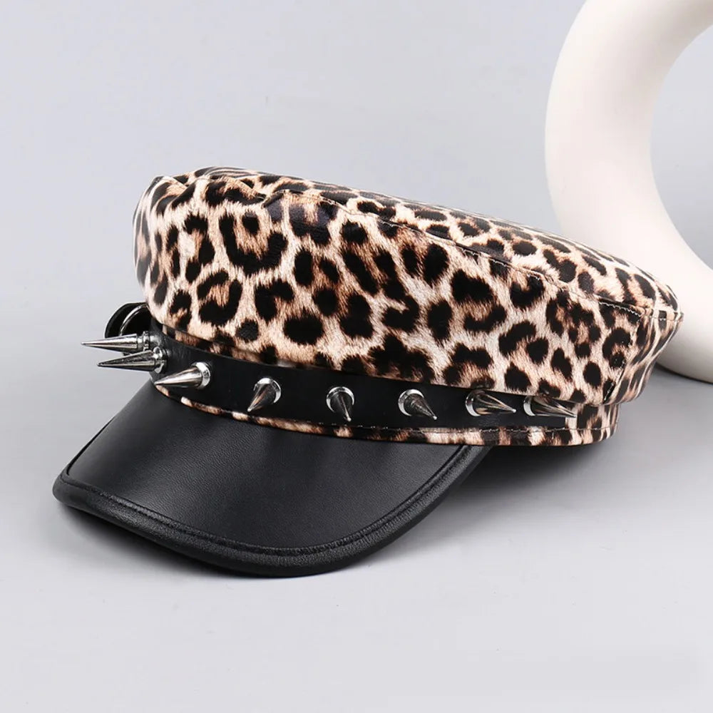 Retro Hip-Hop Rivet Leopard Hat Punk Harajuku Y2k Beret Hat