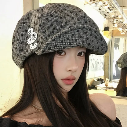 Music Symbol Design Polka Dot Hat Women's White Polka Dot Beret