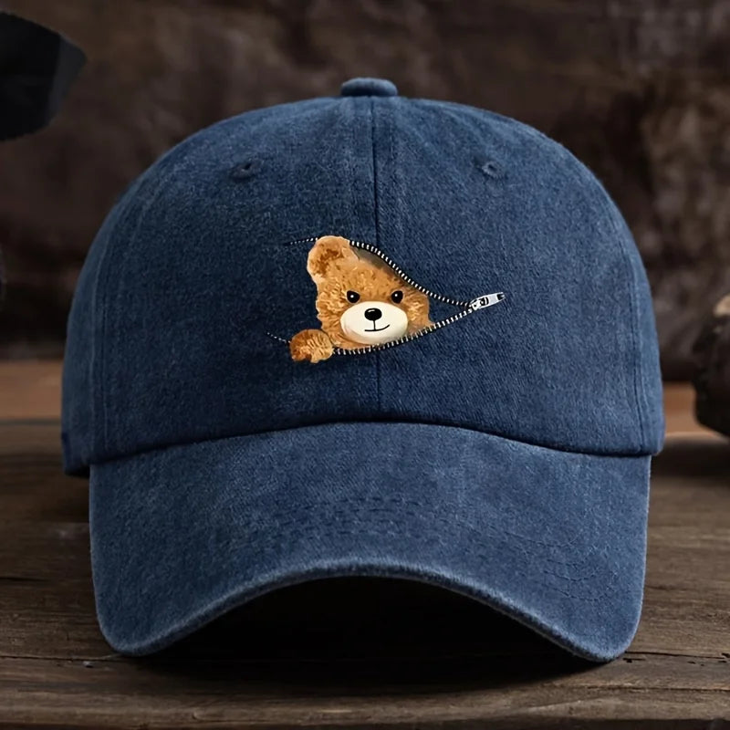 Zippered Bear Print Baseball Cap, Outdoor Sun Protection Cap Machine Washable Baseball Cap