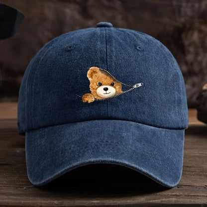 Zippered Bear Print Baseball Cap, Outdoor Sun Protection Cap Machine Washable Baseball Cap