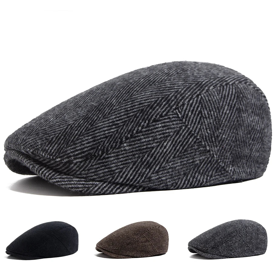 Vintage Big Herringbone Beret For Men Autumn Winter Warm Casual Newsboy Cap