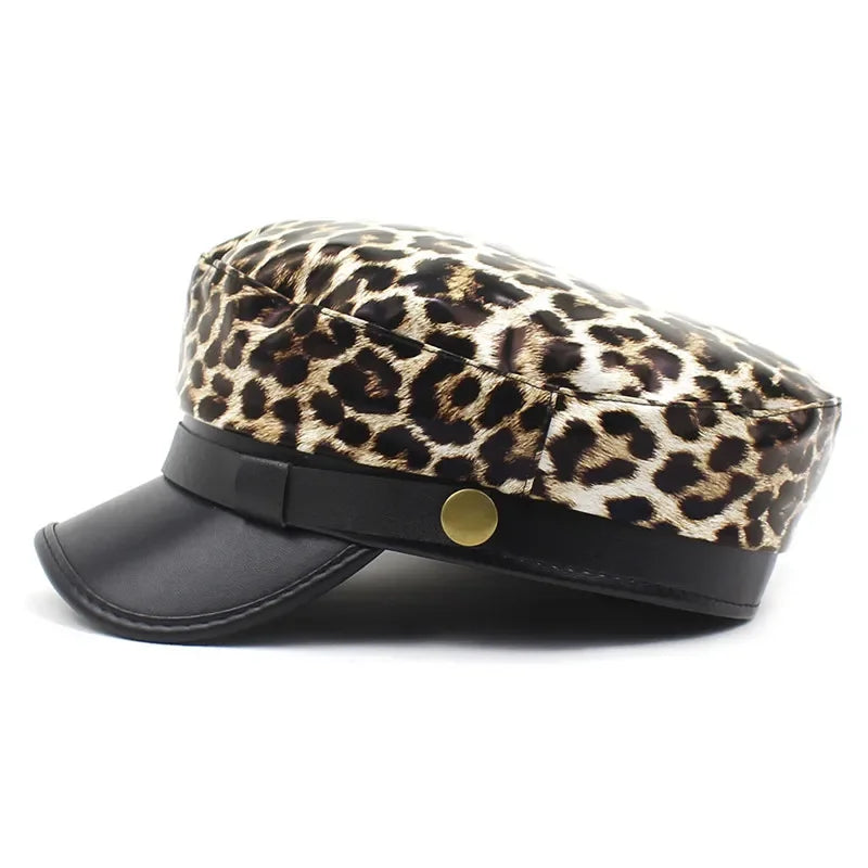 Four Seasons Pu Leopard Print Beret Octagonal Cap