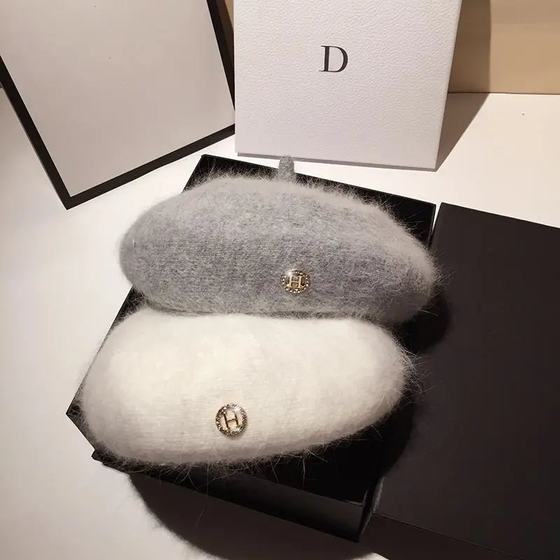 Women Beret Hats Angora Rabbit Fur Winter Warm Knitted Cap