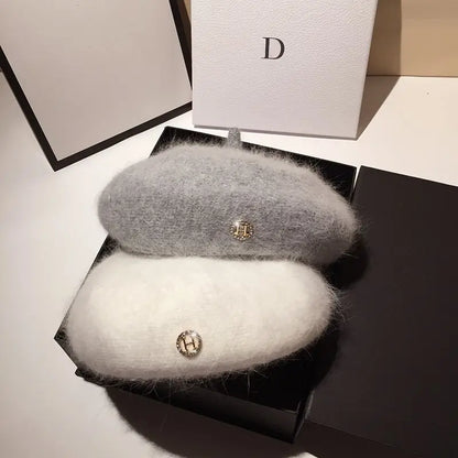 Women Beret Hats Angora Rabbit Fur Winter Warm Knitted Cap