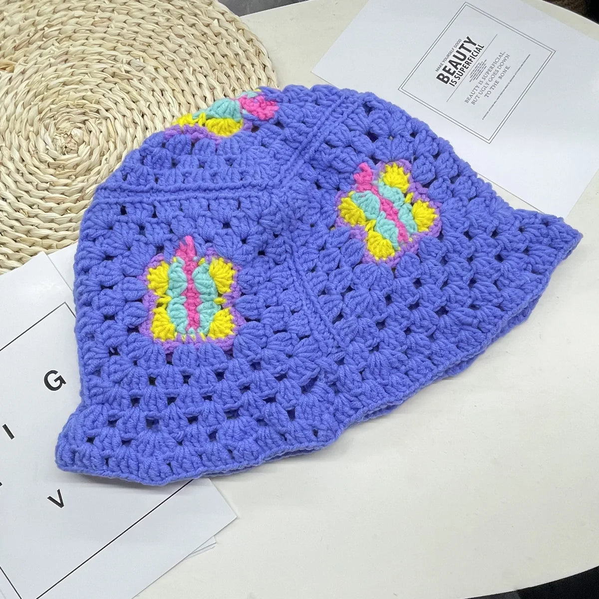 Women Muticolor Crochet Korean Handmade Bucket Hat Women Weaving Knitted Hat Y2k Fashion Flowers Autumn Cap