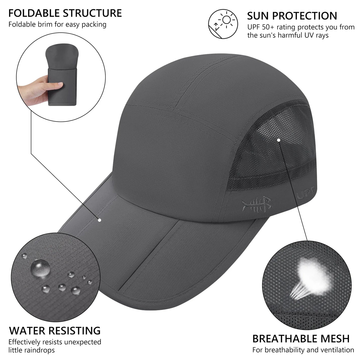 Folding Fishing Baseball Cap UPF 50+ Water Resistant Outdoor Portable Brim Hats