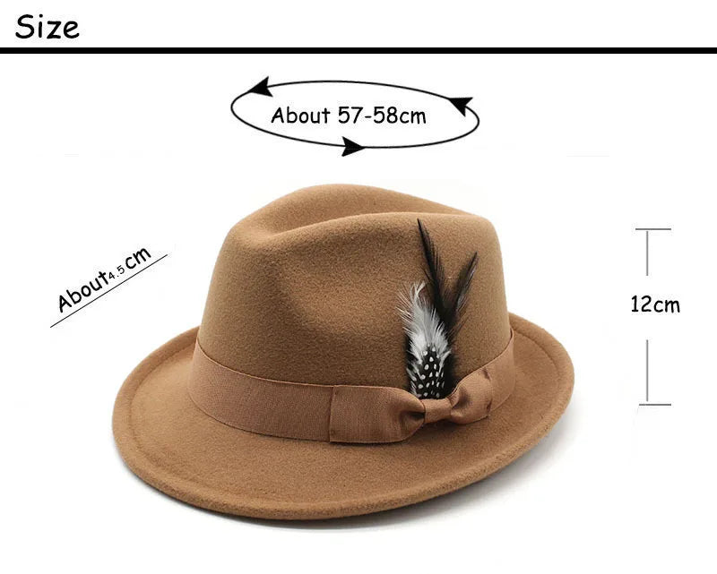 Men's Fedora Hat Felt Feather Decor Western Style Soft Brim Gentleman