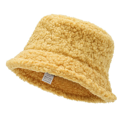 Unisex Solid Color Personality Lambhair Bucket Hats Warm Fishermen Caps