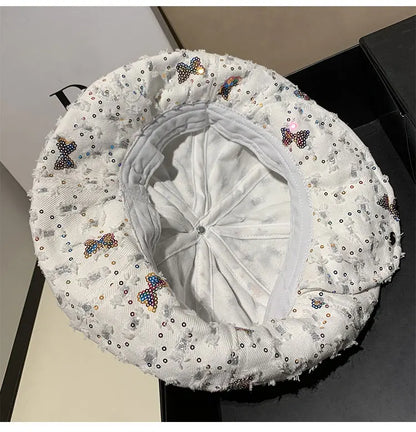 Sequin Bow Denim Octagonal Hat Travel Holiday Beret Hat
